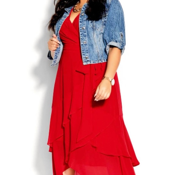 Stunningly Sexy Lipstick Red Chiffon HiLo Ruffle Wrap Dress - Picture 6 of 10